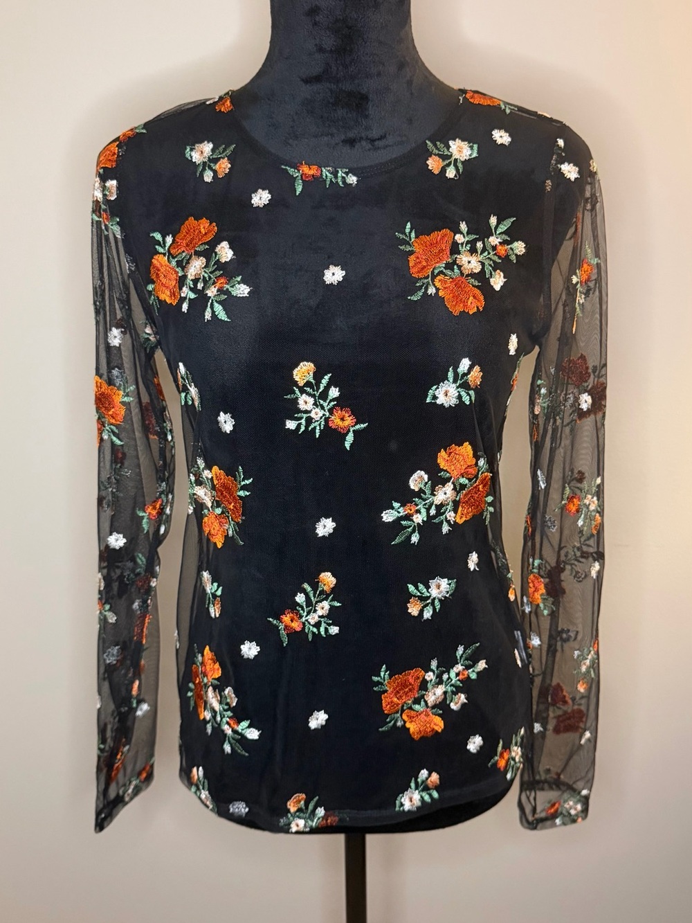 Express Black Sheer Mesh Embroidered Floral Long Sleeve Top Size S